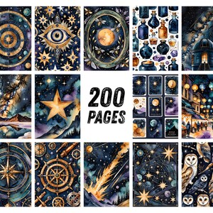 May include: A collection of watercolor illustrations with celestial and mystical themes. The images feature stars, moons, eyes, owls, and compasses in shades of blue, gold, and purple. The text "200 PAGES" is also visible.