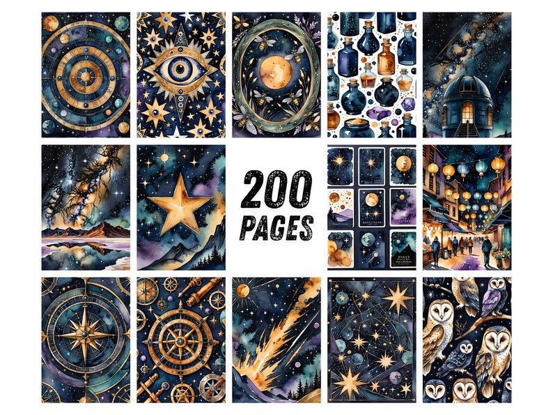May include: A collection of watercolor illustrations with celestial and mystical themes. The images feature stars, moons, eyes, owls, and compasses in shades of blue, gold, and purple. The text "200 PAGES" is also visible.