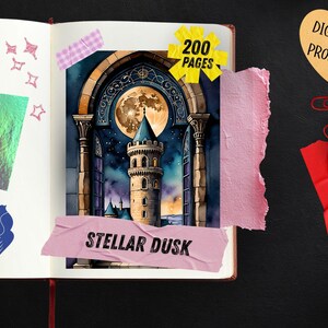 May include: An open notebook with a watercolor illustration of a tower under a full moon, labeled "Stellar Dusk." The notebook has a yellow sticker that says "200 pages." Decorative elements include a heart-shaped sticker that says "DIGITAL PRODUCT."