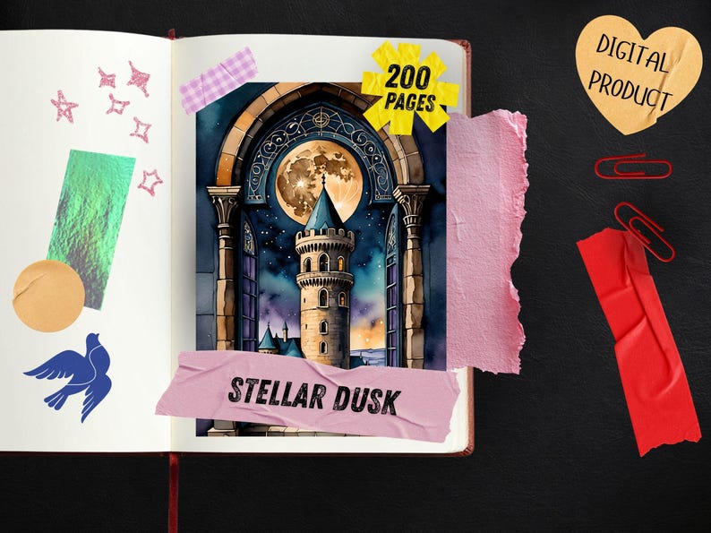 May include: An open notebook with a watercolor illustration of a tower under a full moon, labeled "Stellar Dusk." The notebook has a yellow sticker that says "200 pages." Decorative elements include a heart-shaped sticker that says "DIGITAL PRODUCT."