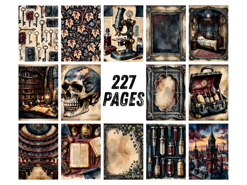 Gothic Junk Journal Pages, Dark Academia Scrapbook Paper, Halloween Raven Printable Ephemera, Moody Skull Watercolor Witchy Art Journal Kit image 9