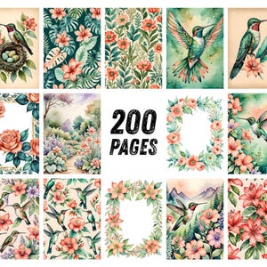 Pu&ograve; includere: Una collezione di illustrazioni ad acquerello con colibr&igrave;, fiori e fogliame. Le immagini sono in morbidi colori pastello, con un'estetica vintage. Il testo "200 PAGES" &egrave; visualizzato in grassetto nero.