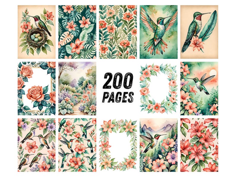 Pu&ograve; includere: Una collezione di illustrazioni ad acquerello con colibr&igrave;, fiori e fogliame. Le immagini sono in morbidi colori pastello, con un'estetica vintage. Il testo "200 PAGES" &egrave; visualizzato in grassetto nero.