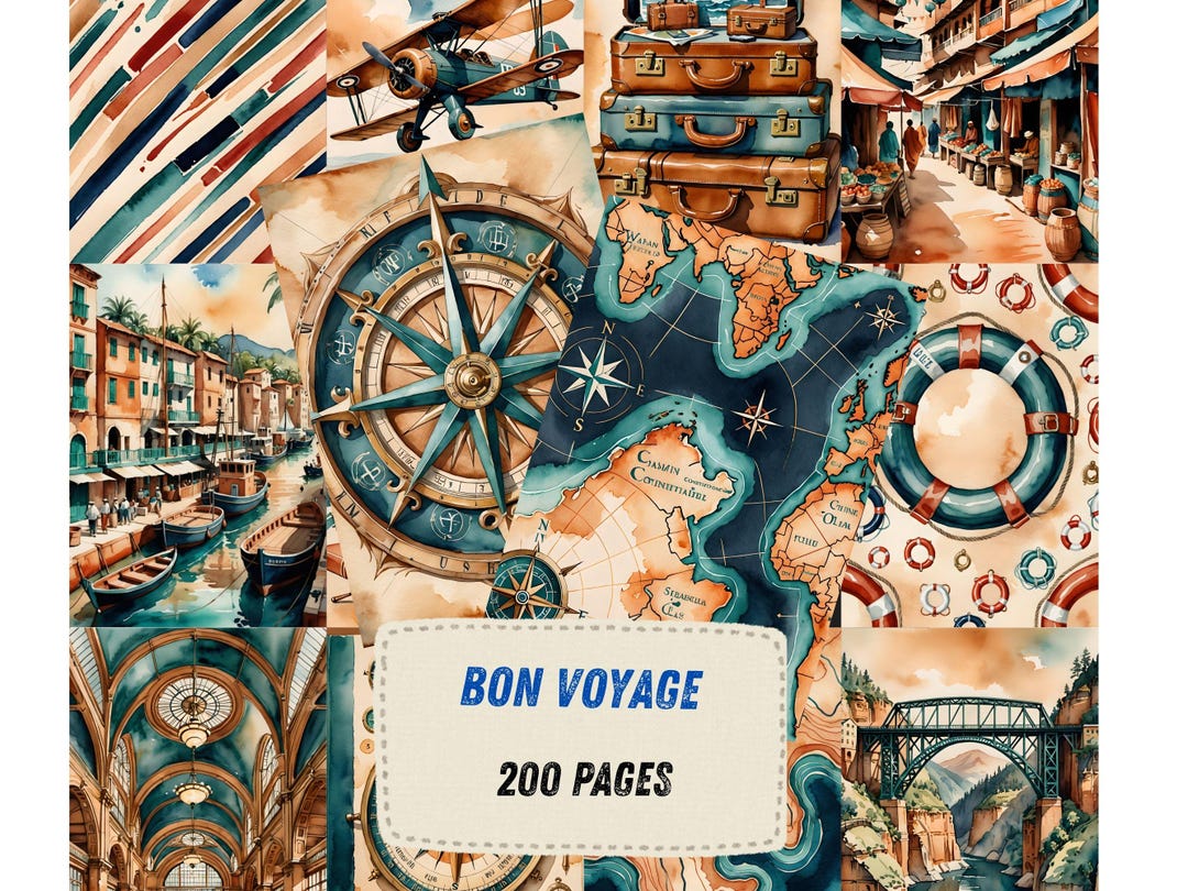 Vintage Travel Junk Journal Kit, Nautical Compass Ephemera, Tropical ...