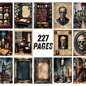 Gothic Junk Journal Pages, Dark Academia Scrapbook Paper, Halloween Raven Printable Ephemera, Moody Skull Watercolor Witchy Art Journal Kit image 7