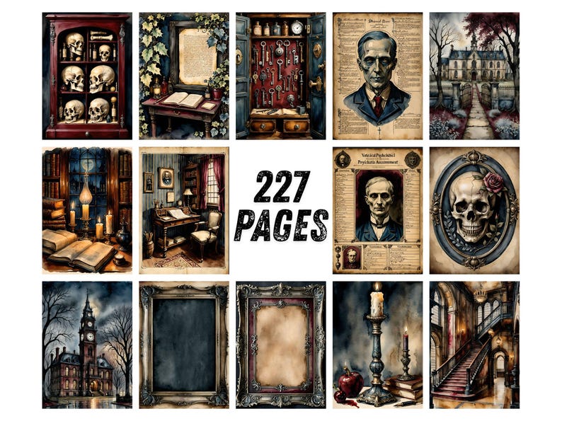 Gothic Junk Journal Pages, Dark Academia Scrapbook Paper, Halloween Raven Printable Ephemera, Moody Skull Watercolor Witchy Art Journal Kit image 7