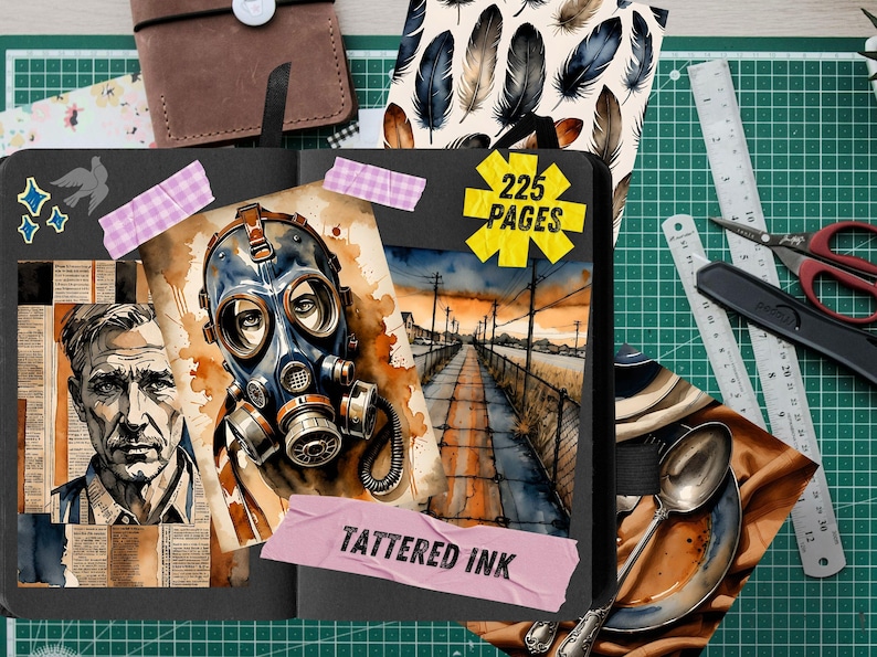 Páginas para diário de arte industrial com estilo vintage, papel para scrapbook urbano, itens imprimíveis steampunk, kit de diário de arte grunge em aquarela com tema de tijolos. imagem 5