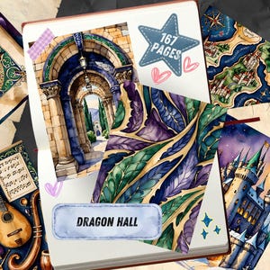 Dragon Junk Journal Pages, Medieval Fantasy Scrapbook Paper, Knight Castle Printable Ephemera, Gothic Watercolor Fantasy Art Journal Kit image 2