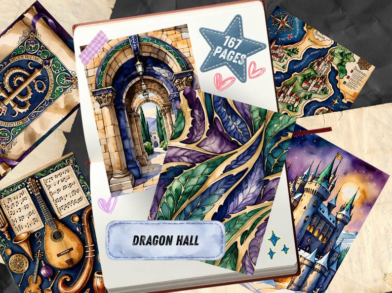 Dragon Junk Journal Pages, Medieval Fantasy Scrapbook Paper, Knight Castle Printable Ephemera, Gothic Watercolor Fantasy Art Journal Kit image 2