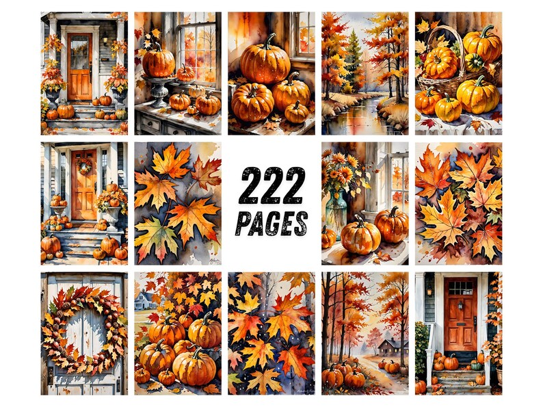 Autumn Dreams Watercolor Junk Journal Pages, Pumpkin Fall Leaves Scrapbook Paper, Cozy Cider Season Printable Ephemera, Rustic Craft Kit image 9