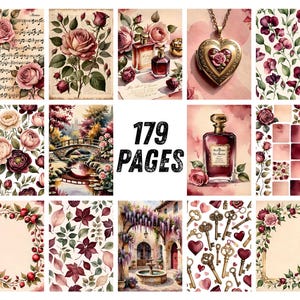 Strony dziennika Red Rose Junk, romantyczny papier do scrapbookingu z motywem wina, walentynkowe, miłosne, drukowane efemerydy, zestaw do dziennika Crimson Watercolor Floral Art zdjęcie 9