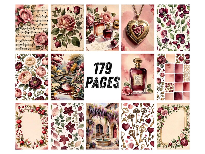 Strony dziennika Red Rose Junk, romantyczny papier do scrapbookingu z motywem wina, walentynkowe, miłosne, drukowane efemerydy, zestaw do dziennika Crimson Watercolor Floral Art zdjęcie 9