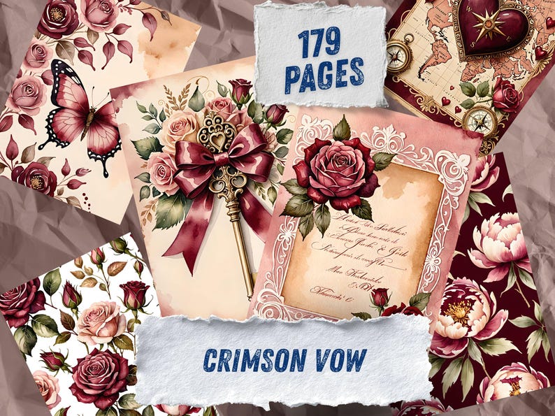 Strony dziennika Red Rose Junk, romantyczny papier do scrapbookingu z motywem wina, walentynkowe, miłosne, drukowane efemerydy, zestaw do dziennika Crimson Watercolor Floral Art zdjęcie 1