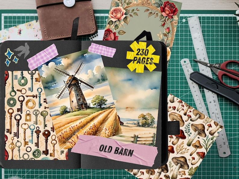 May include: A black notebook featuring a watercolor illustration of a windmill in a field, a mushroom pattern, and a key pattern. A yellow star-shaped sticker reads 230 PAGES, and a pink tape strip reads OLD BARN. A ruler and scissors are visible.