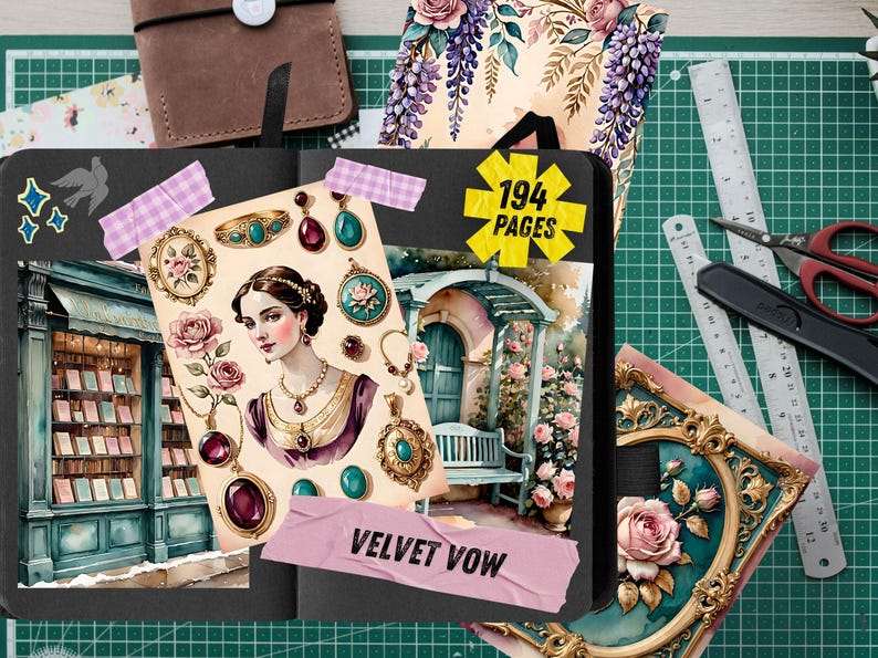 K&ouml;nnte beinhalten: Ein schwarzes Notizbuch mit einer Collage aus Illustrationen im Vintage-Stil, darunter ein Portr&auml;t, florale Motive, Schmuck und ein Ladenlokal. Der Einband zeigt den Text 194 PAGES und VELVET VOW auf hellvioletten Klebestreifen.