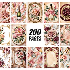 Blush Bourgogne-ros Ephemera, Förgyllt blommigt scrapbookpapper, Elegant guldfärgad parfymkollage, Regency Junk Journal Kit, Omedelbar nedladdning bild 8