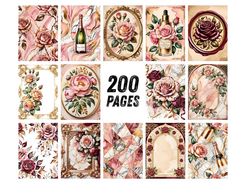 Blush Bourgogne-ros Ephemera, Förgyllt blommigt scrapbookpapper, Elegant guldfärgad parfymkollage, Regency Junk Journal Kit, Omedelbar nedladdning bild 8