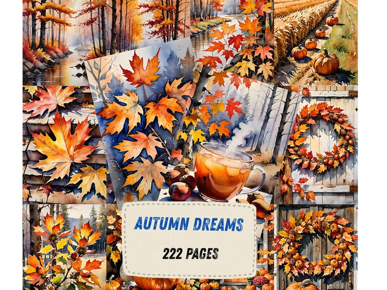 Autumn Dreams Watercolor Junk Journal Pages, Pumpkin Fall Leaves Scrapbook Paper, Cozy Cider Season Printable Ephemera, Rustic Craft Kit image 1