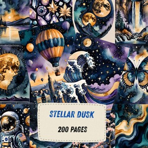 May include: A collage of watercolor illustrations featuring celestial and natural elements. Includes a hot air balloon, moon, waterfall, butterfly, and astronaut. The text "STELLAR DUSK" and "200 PAGES" are displayed on a cream-colored banner.