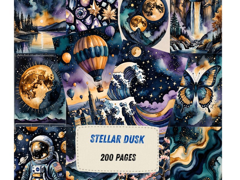 May include: A collage of watercolor illustrations featuring celestial and natural elements. Includes a hot air balloon, moon, waterfall, butterfly, and astronaut. The text "STELLAR DUSK" and "200 PAGES" are displayed on a cream-colored banner.