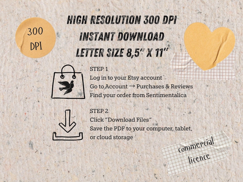 K&ouml;nnte beinhalten: Eine digitale Anleitung f&uuml;r einen Sofort-Download, 300 DPI, Letter-Format 8,5" x 11". Sie beschreibt zwei Schritte: Melden Sie sich bei Ihrem Etsy-Konto an, um die Bestellung von Sentimentalica zu finden, und klicken Sie auf Dateien herunterladen.