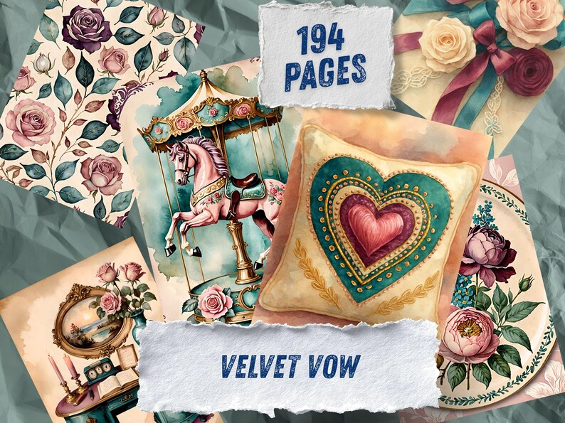 K&ouml;nnte beinhalten: Eine Sammlung von 194 Seiten mit dem Titel Velvet Vow, die Aquarellillustrationen eines Karussellpferdes, eines herzf&ouml;rmigen Kissens, Blumenmustern mit Rosen, eines Zierspiegels und eines Tellers mit Blumen in einer Collage zeigt.