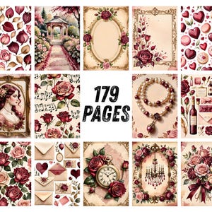 Strony dziennika Red Rose Junk, romantyczny papier do scrapbookingu z motywem wina, walentynkowe, miłosne, drukowane efemerydy, zestaw do dziennika Crimson Watercolor Floral Art zdjęcie 8