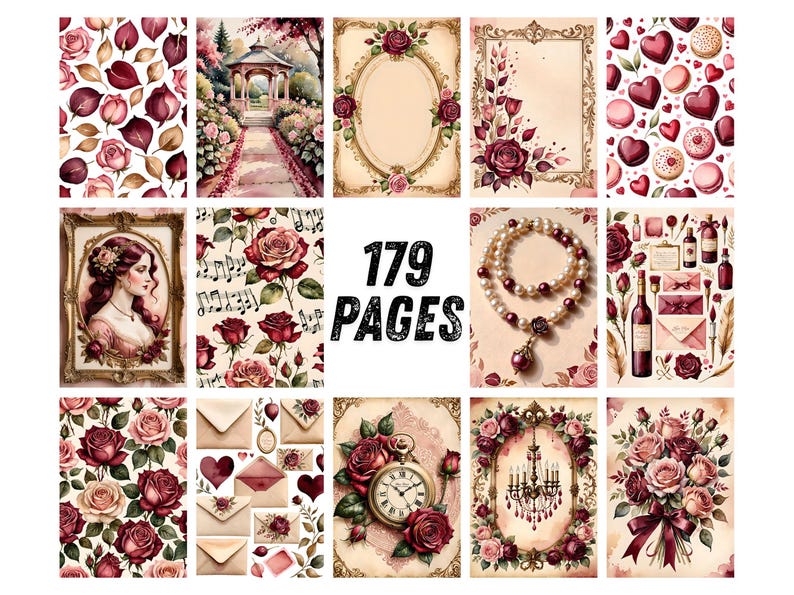 Strony dziennika Red Rose Junk, romantyczny papier do scrapbookingu z motywem wina, walentynkowe, miłosne, drukowane efemerydy, zestaw do dziennika Crimson Watercolor Floral Art zdjęcie 8