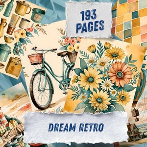 May include: A collection of 193 pages titled Dream Retro featuring watercolor illustrations of kitchenware, a teal bicycle with baskets, yellow and orange flowers, a coastal lighthouse scene, a hot air balloon landscape, and a colorful grid pattern.