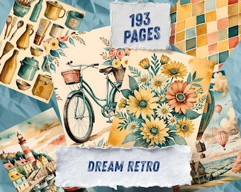 May include: A collection of 193 pages titled Dream Retro featuring watercolor illustrations of kitchenware, a teal bicycle with baskets, yellow and orange flowers, a coastal lighthouse scene, a hot air balloon landscape, and a colorful grid pattern.