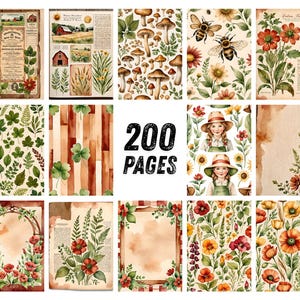 May include: A collection of watercolor illustrations featuring botanical and vintage themes. The images include flowers, bees, mushrooms, and farm scenes. The text "200 PAGES" is displayed prominently.