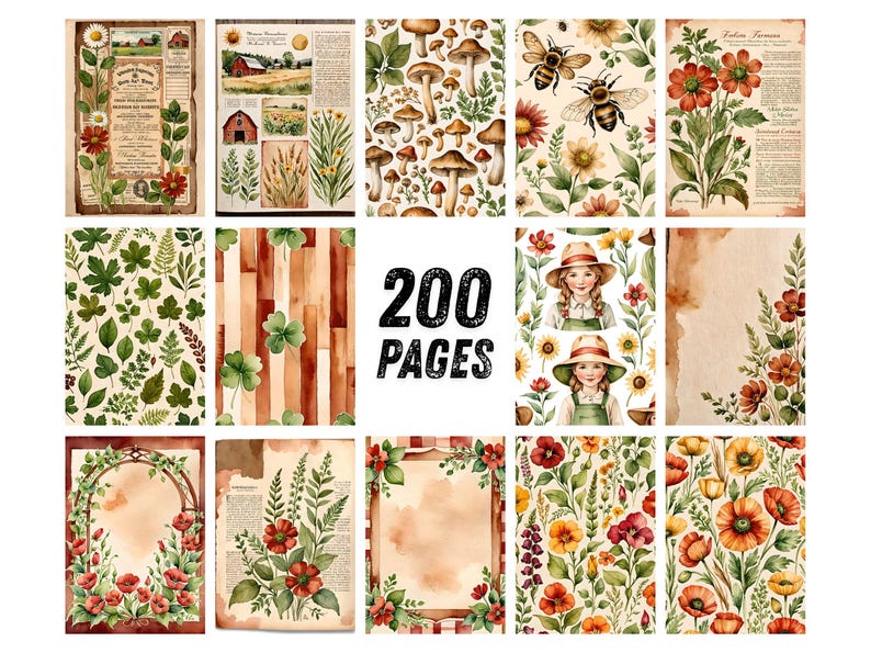 May include: A collection of watercolor illustrations featuring botanical and vintage themes. The images include flowers, bees, mushrooms, and farm scenes. The text "200 PAGES" is displayed prominently.
