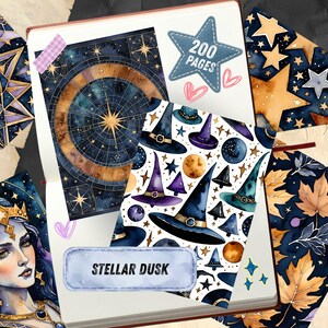 May include: A journal with a celestial theme, featuring a watercolor illustration of a star chart, witch hats, and stars. The journal has 200 pages and the words "Stellar Dusk" are visible. The color palette includes blues, purples, and gold.