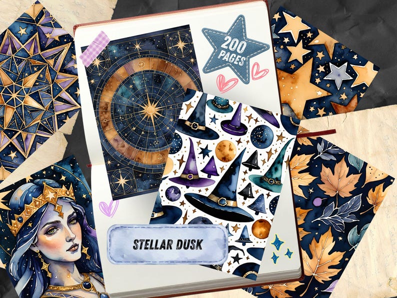 May include: A journal with a celestial theme, featuring a watercolor illustration of a star chart, witch hats, and stars. The journal has 200 pages and the words "Stellar Dusk" are visible. The color palette includes blues, purples, and gold.