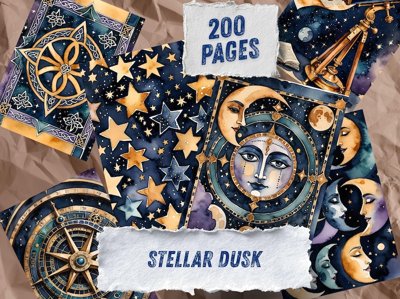 May include: A collection of celestial-themed art prints with watercolor illustrations. The designs feature stars, moons, and celestial bodies in shades of blue, gold, and purple. The text "200 PAGES" and "STELLAR DUSK" are visible on the prints. The overall theme is mystical and artistic.