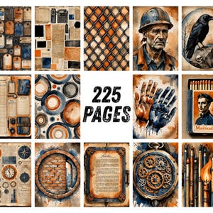 Páginas para diário de arte industrial com estilo vintage, papel para scrapbook urbano, itens imprimíveis steampunk, kit de diário de arte grunge em aquarela com tema de tijolos. imagem 7