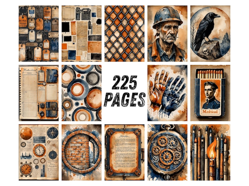 Páginas para diário de arte industrial com estilo vintage, papel para scrapbook urbano, itens imprimíveis steampunk, kit de diário de arte grunge em aquarela com tema de tijolos. imagem 7