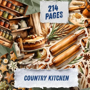 May include: A digital collection of 214 pages titled Country Kitchen featuring illustrations of a wooden spice rack, a cake on a stand, rolling pins, wheat stalks, star-shaped cookies, and botanical patterns with star anise and green leaves.