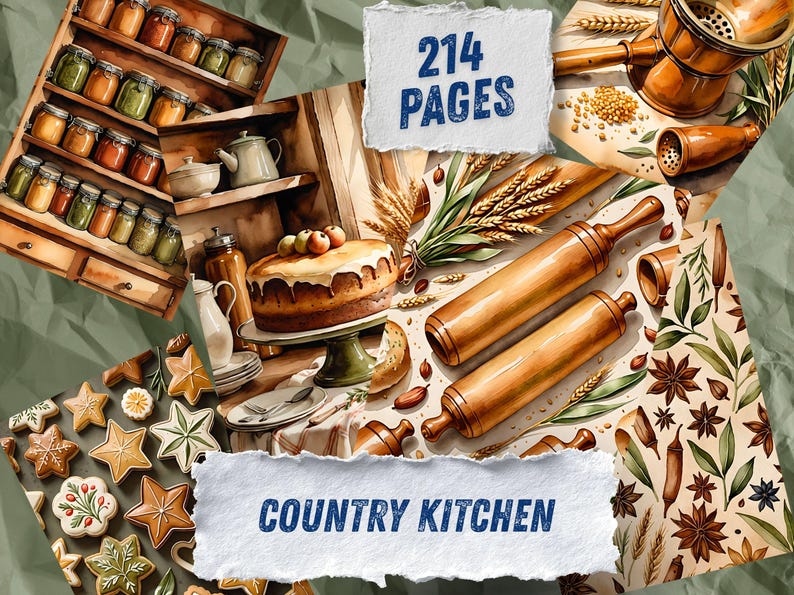 May include: A digital collection of 214 pages titled Country Kitchen featuring illustrations of a wooden spice rack, a cake on a stand, rolling pins, wheat stalks, star-shaped cookies, and botanical patterns with star anise and green leaves.