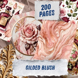 Blush Bourgogne-ros Ephemera, Förgyllt blommigt scrapbookpapper, Elegant guldfärgad parfymkollage, Regency Junk Journal Kit, Omedelbar nedladdning bild 2