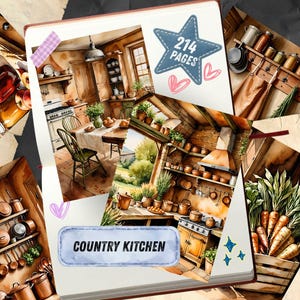 May include: A notebook featuring watercolor illustrations of country kitchens, copper cookware, glass jars, and fresh vegetables. The cover displays the text '214 PAGES' inside a blue star and 'COUNTRY KITCHEN' on a blue label, accented with pink hearts.