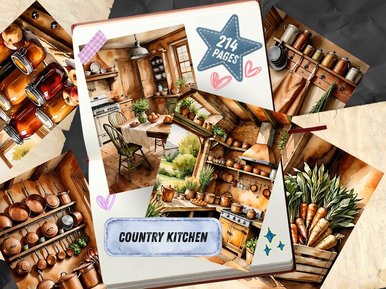 May include: A notebook featuring watercolor illustrations of country kitchens, copper cookware, glass jars, and fresh vegetables. The cover displays the text '214 PAGES' inside a blue star and 'COUNTRY KITCHEN' on a blue label, accented with pink hearts.
