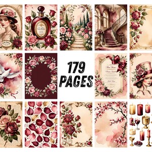Strony dziennika Red Rose Junk, romantyczny papier do scrapbookingu z motywem wina, walentynkowe, miłosne, drukowane efemerydy, zestaw do dziennika Crimson Watercolor Floral Art zdjęcie 6