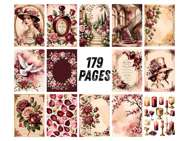Strony dziennika Red Rose Junk, romantyczny papier do scrapbookingu z motywem wina, walentynkowe, miłosne, drukowane efemerydy, zestaw do dziennika Crimson Watercolor Floral Art zdjęcie 6