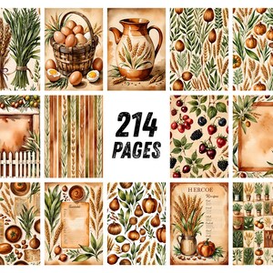 May include: A collection of 214 pages featuring watercolor illustrations of wheat, herbs, eggs in a basket, a ceramic pitcher, berries, pumpkins, and onions. The pages include various patterns, blank recipe templates, and text labeled 214 PAGES.