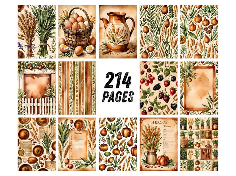 May include: A collection of 214 pages featuring watercolor illustrations of wheat, herbs, eggs in a basket, a ceramic pitcher, berries, pumpkins, and onions. The pages include various patterns, blank recipe templates, and text labeled 214 PAGES.