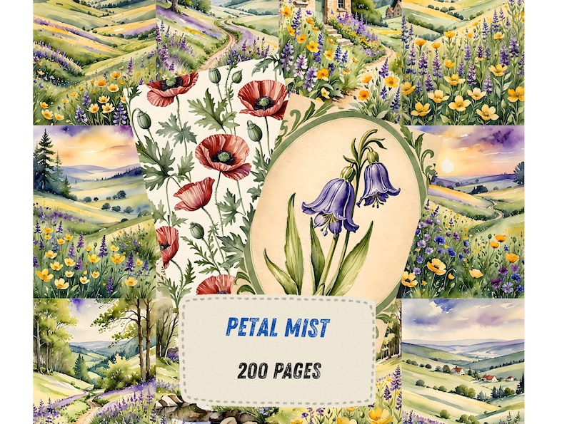 Lavender Meadow Ephemera, Poppy Countryside Scrapbook Paper, Bluebell Landscape Collage, Cottagecore Junk Journal Kit, Instant Download image 1