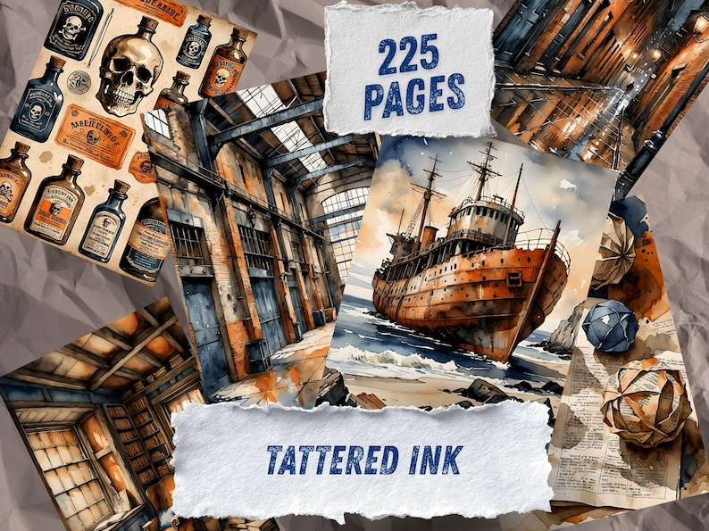 Páginas para diário de arte industrial com estilo vintage, papel para scrapbook urbano, itens imprimíveis steampunk, kit de diário de arte grunge em aquarela com tema de tijolos. imagem 1