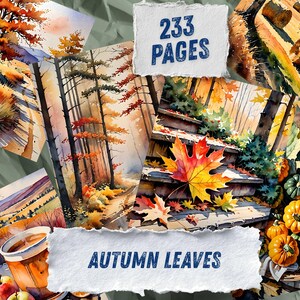 Autumn Leaves Watercolor Junk Journal Pages, Woodland Forest Scrapbook Paper, Fox Deer Owl Squirrel Printable Ephemera, Rustic Fall Craft image 2