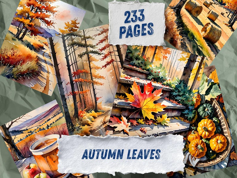 Autumn Leaves Watercolor Junk Journal Pages, Woodland Forest Scrapbook Paper, Fox Deer Owl Squirrel Printable Ephemera, Rustic Fall Craft image 2